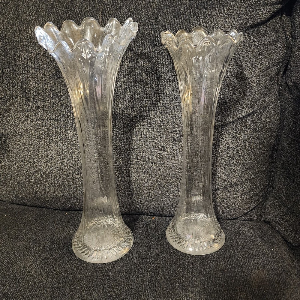 2 Vintage Swung Glass Vase 11" Clear Ruffled Edge Wedding Reception Centerpiece